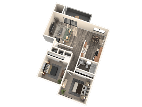 Floor plan for 2 beds, 1 bath, 842 sqft
